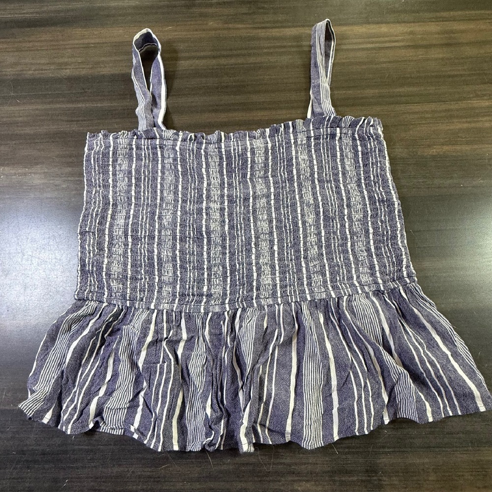 LOFT Striped Smocked Cami Top Ruffle Hem Sleeveless Casual Blue White XL